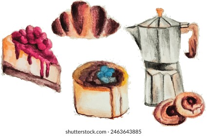 Watercolor Vector Illustration of a Teapot, Breads, Raspberries, Blueberries, and Croissants Set