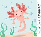 Watercolor vector illustration of a tiny axolotl. Cute floating pink axolotl. The mascot of nature conservation. Wall drawing of a square zoo or aquarium, poster. Joyful design in cartoon style.