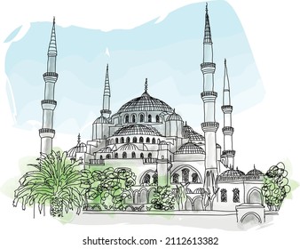 Watercolor, vector illustration for travel magazine, web, poster, postcard or social media. View of the famous Blue Mosque Sultan Ahmet Cami in Istanbul Turkey 