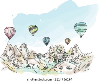 Watercolor, vector illustration for travel magazine, web, poster, social media, postcard. Colorful hot air balloons flyi in blue sky above unusual rocky landscape in Cappadocia, Turkey