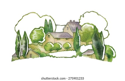 Watercolor vector illustration of trees and houses isolated on white background