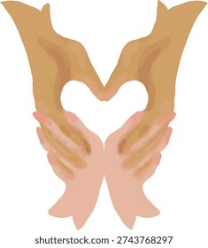 Watercolor vector illustration of two hands creating a heart shape pose. Romantic pastel style isolated on white background, suitable for wedding graphics, relationship themes, and Valentine’s Day projects.