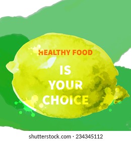 Watercolor Vector Illustration of vegetarian food for Design, Website, Background Banner. Brush Texture Template of Fruit. Healthy Diet Meal. Lemon