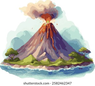 Watercolor Vector Illustration of a Volcano

