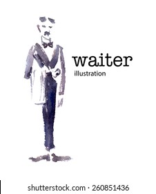 Watercolor vector illustration of waiter on white background.