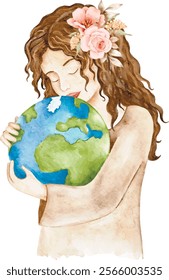 watercolor vector illustration
woman hugging earth, curly hair