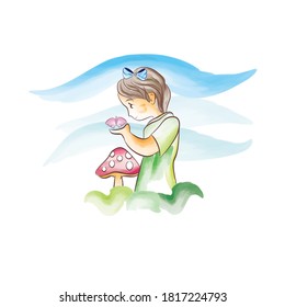 Watercolor Vector Illustration of Young Girl in Wonderland