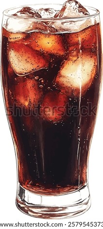 Watercolor vector illustrations of cola glass with ice, isolated on white background.