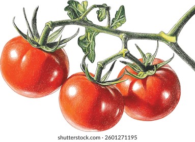 Watercolor vector illustrations drawings of three red ripe fresh tomatoes
