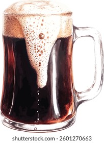 Watercolor vector illustrations of root beer mug with foam, isolated on white background.
