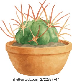 Aquarell-Vektorgrafik Barrel Kaktus in Topf einzeln auf weißem Hintergrund