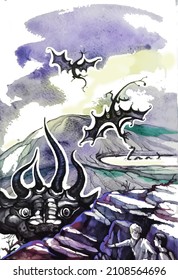 Watercolor vector image of dragons and two men on the rocks