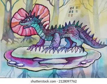 Watercolor vector image of a gecko or lizard sitting in a swamp on a background of trees