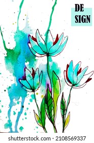 Watercolor vector image of snowdrop flowers in blue and green tones on a white background