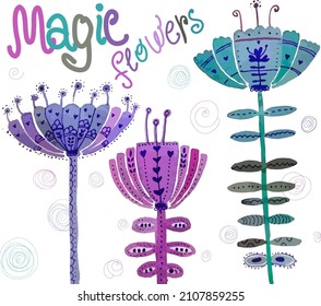 Watercolor vector image of stylized flowers in pink and blue colors on a white background with the inscription