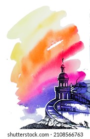 Watercolor vector image of a sunset, a fabulous fantasy castle and creatures walking towards it through the rocks along the bridge