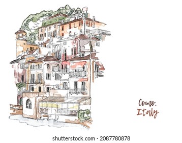 Watercolor Vector ink Sketch of Como city, Lombardy, Northern Italy. Lake Como, Lario view. Italian Sightseeing. travelling in Italy. Simple urban sketch for postcards, logos or banners. Hand drawn