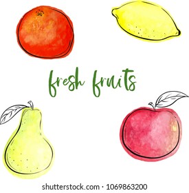 Watercolor vector isolated lemon, apple, orange, pear
