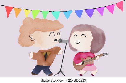 watercolor vector kids dancing. A children's theme watercolor painting for a storybook cover or a cheerful themed illustration design that suits a happy mood and playful