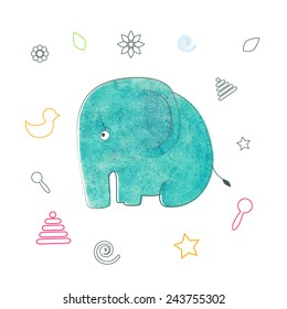 Watercolor vector kids print. Funny elephant. Color on a white background.