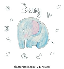 Watercolor vector kids print. Funny elephant. Color on a white background.