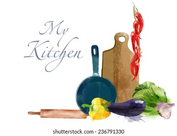 Watercolor vector kitchen background