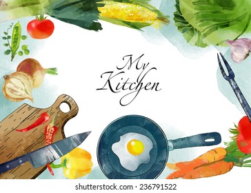 Watercolor vector kitchen background