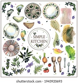 Watercolor vector kitchen set with  mediterranean herbs, vegetables and cute kitchen tools.