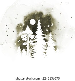 Paisaje vectorial acuarela con bosque conífero, luna y pájaros en colores grises. Ilustración natural con salpicaduras vectoriales de acuarela. Diseño abstracto de libros, afiches, pancartas, tarjetas