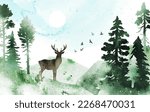 Watercolor vector landscape in green colors. Illustration of mountains, coniferous forest, deer ​and birds under blue sky. Silhouette of deer and birds