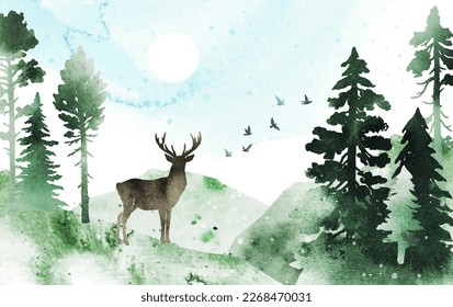 Watercolor vector landscape in green colors. Illustration of mountains, coniferous forest, deer ​and birds under blue sky. Silhouette of deer and birds