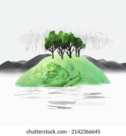 Watercolor vector landscape with  hills, trees and river. Overcast sky. Romantic Illustration for poster, postcard, banner, print. All elements are individual objectsWatercolor vector landscape w