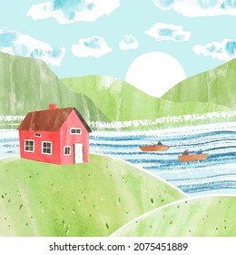 Watercolor vector landscape with house, people on boats, sunrise and mountains. Fishing in the river.  Nature design for postcard, poster, banner