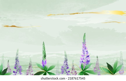 Watercolor vector landscape with lilac flowers on the field.