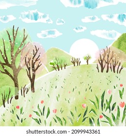 Paisaje vectorial acuarela con pradera, árboles florecientes, cielo de guijarros, flores y montañas. Vector de tracción manual de primavera Ilustración