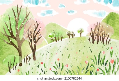 Paisaje vectorial acuarela con pradera, árboles florecientes, cielo rosa, flores y montañas. Vector de tracción manual de primavera Ilustración