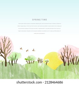Watercolor vector landscape with meadow, blooming trees, bly sky, flowers and mountains. Spring hand draw vector Illustration