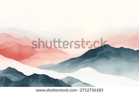 Watercolor vector landscape with mountains in warm glow of sunset. Gentle gradients, blending soft reds and blues. The scene evokes tranquility, with layers of mountains rising and fading