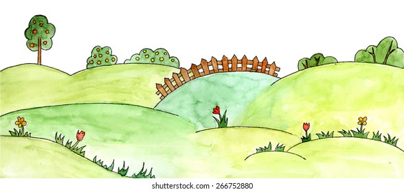 watercolor vector landscape with trees, field, flowers, grass, hills. Childlike hand drawn illustration of blooming meadow.
