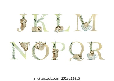 Watercolor vector letters with cute sloths for invitation card, nursery poster and other.