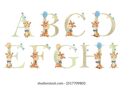 Watercolor vector letters with giraffes for invitation card, nursery poster and other.