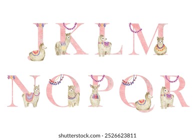 Watercolor vector letters with llamas for invitation card, nursery poster and other.