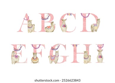 Watercolor vector letters with llamas for invitation card, nursery poster and other.