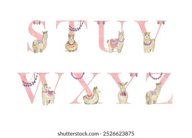 Watercolor vector letters with llamas for invitation card, nursery poster and other.