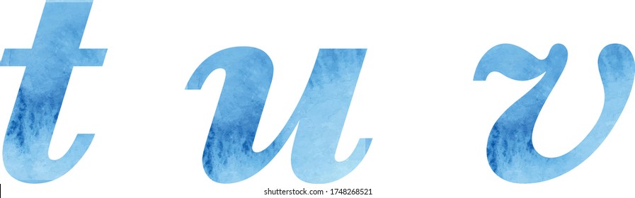 Watercolor vector letters, lowercase, italics, blue, texture t u v