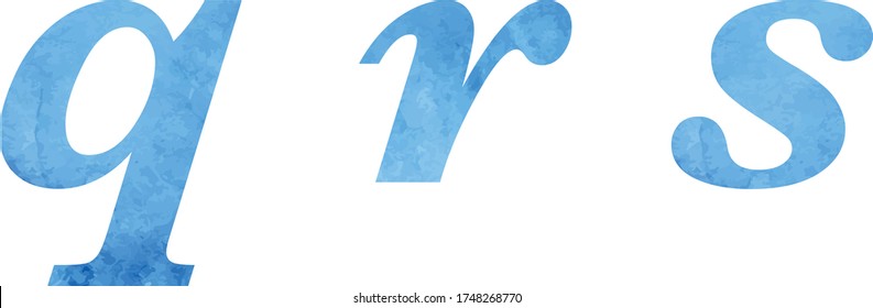 Watercolor vector letters, lowercase, italics, blue, texture q r s