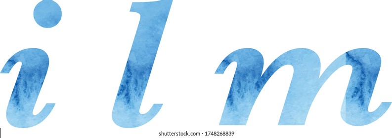 Watercolor vector letters, lowercase, italics, blue, texture l m n