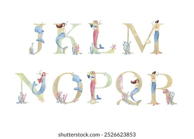 Watercolor vector letters with mermaids for invitation card, nursery poster and other.