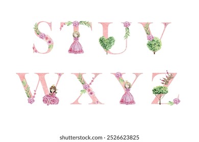 Watercolor vector letters with princesses for invitation card, nursery poster and other.