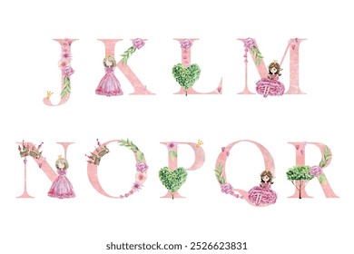 Watercolor vector letters with princesses for invitation card, nursery poster and other.